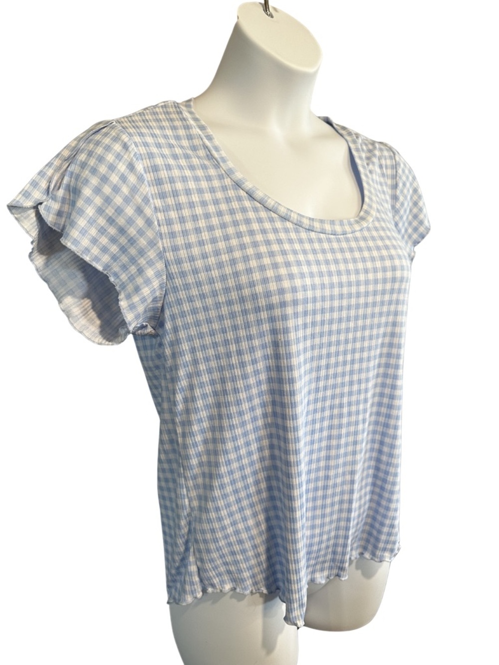 Laura Ashley Women’s XL Light Blue & White Gingham Scoop Neck Short Sleeve Top - Picture 3 of 9